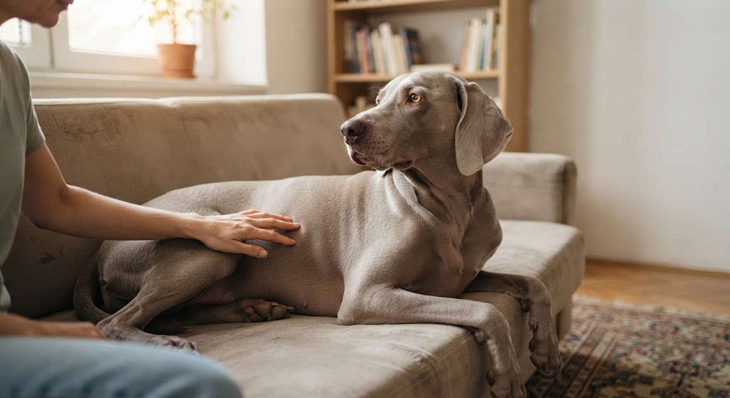 Weimarský stavač s nenápadným kožným útvarom čaká na veterinárne vyšetrenie